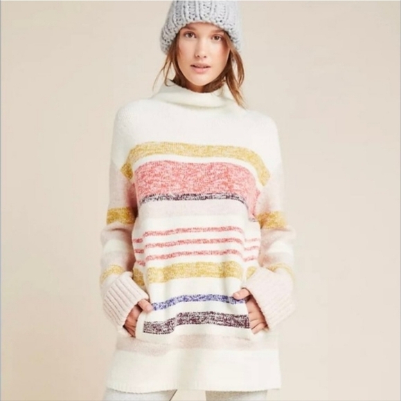 Anthropologie Striped Pullover Mock Neck Sweater Elana Sweater Tunic Size L - Picture 1 of 15